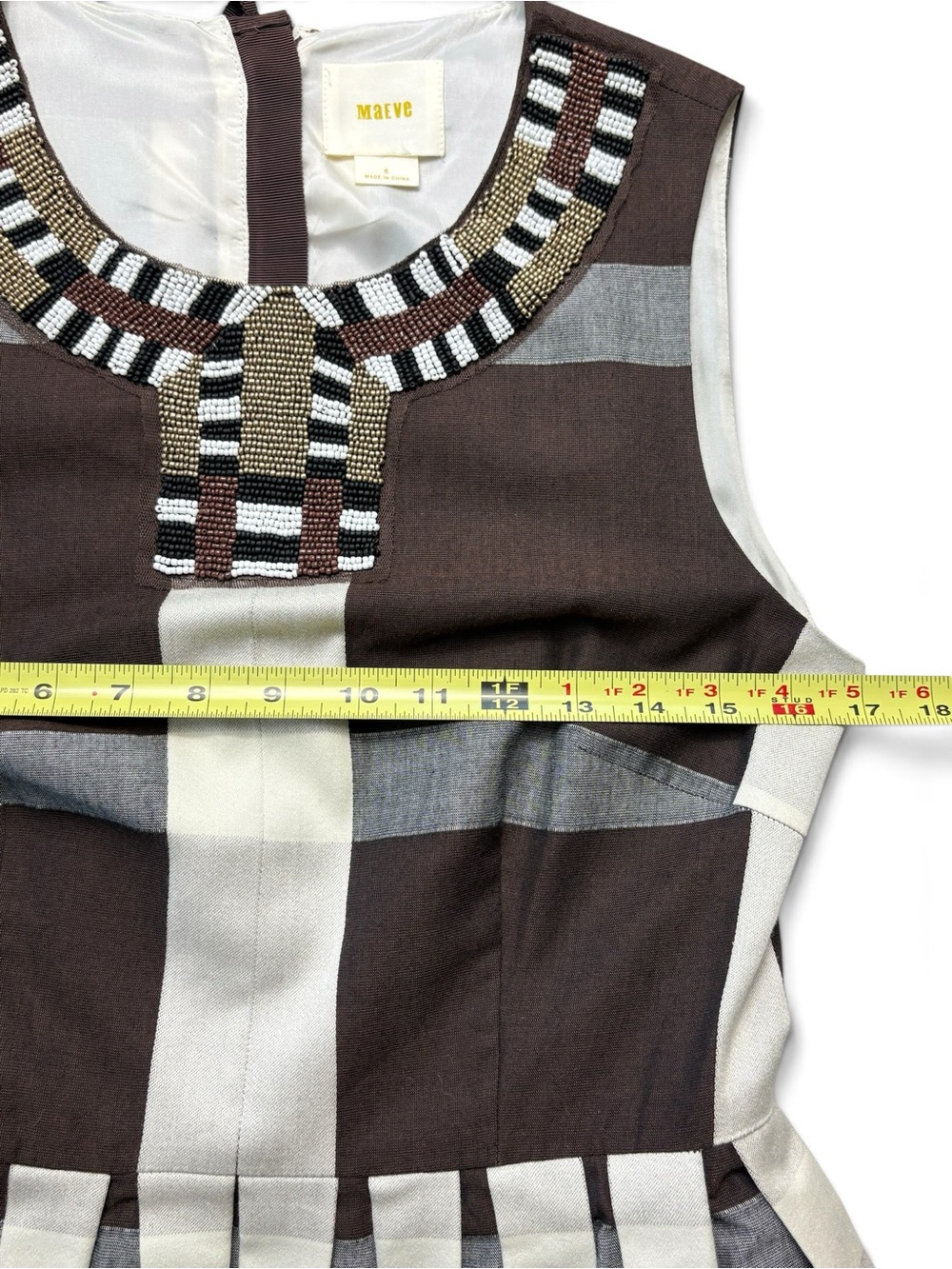 Anthropologie Maeve Beaded Plaid Fit & Flare Midi Dress 6 Brown Cream MSRP $248 - Picture 10 of 15